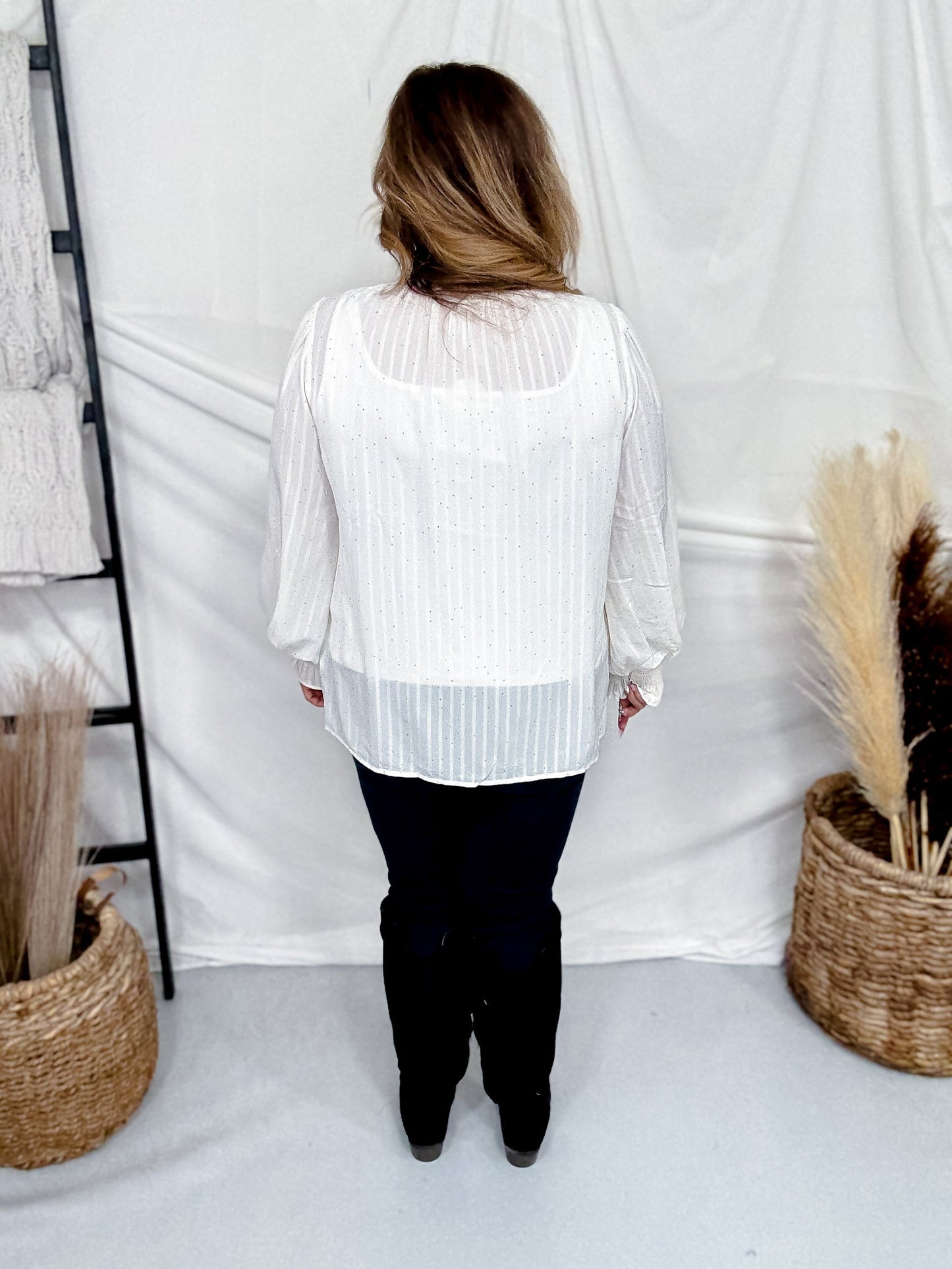 Sheer White Chiffon Blouse With Rhinestones - Whiskey Skies - ODDI