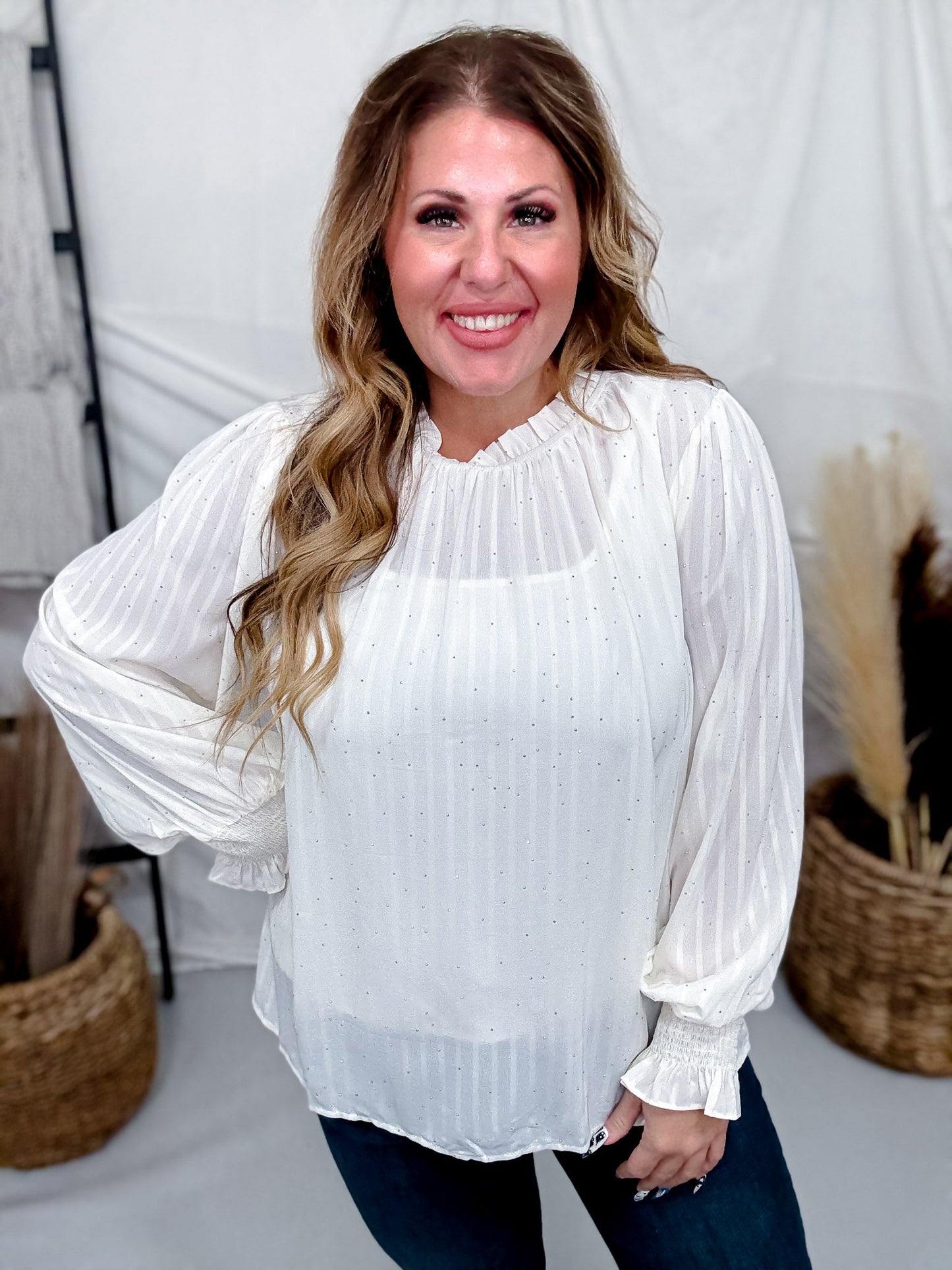Sheer White Chiffon Blouse With Rhinestones - Whiskey Skies - ODDI
