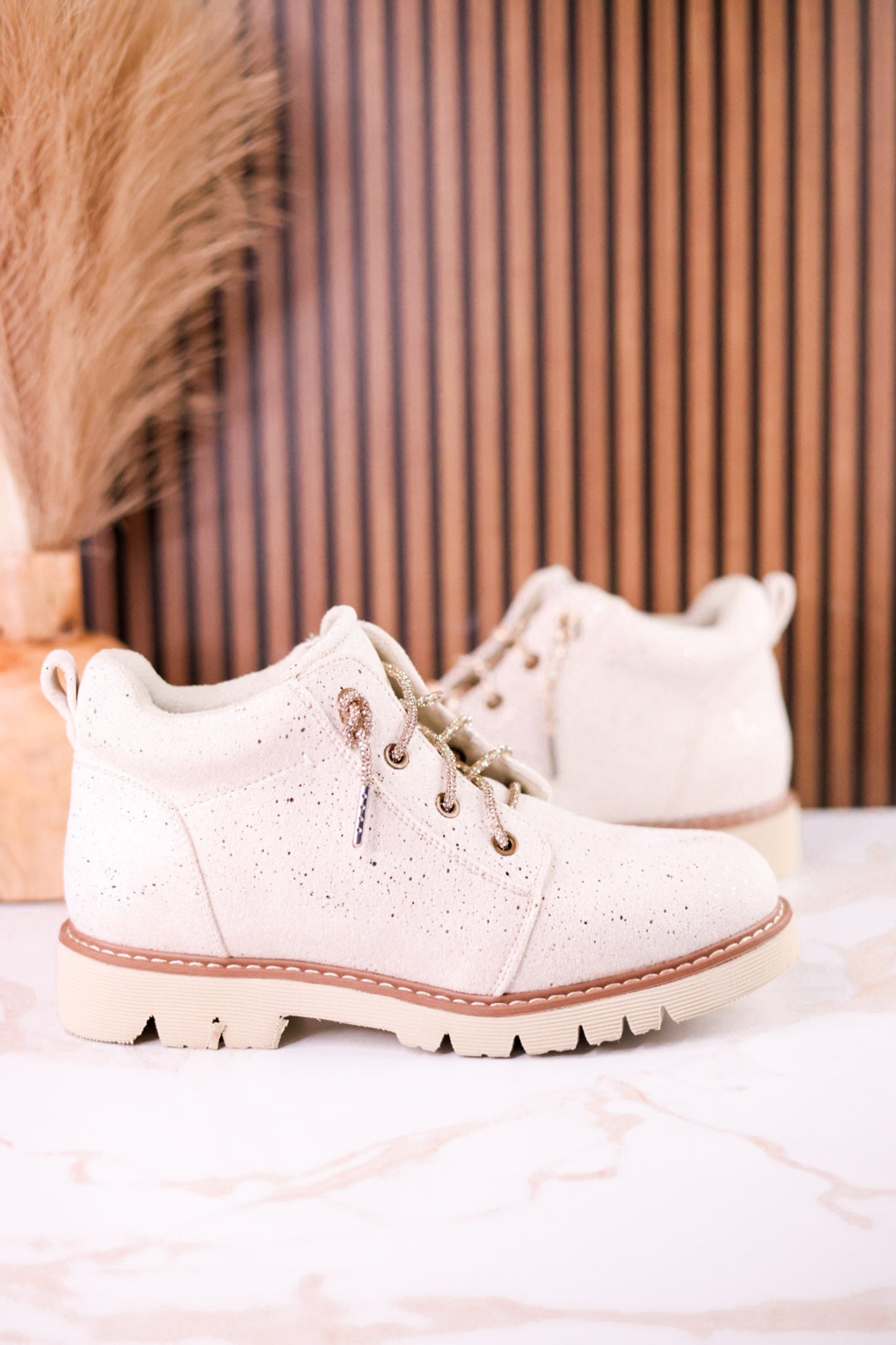 Shimmering Faux Suede Ankle Boots With Rhinestone Laces - Whiskey Skies - VERY G