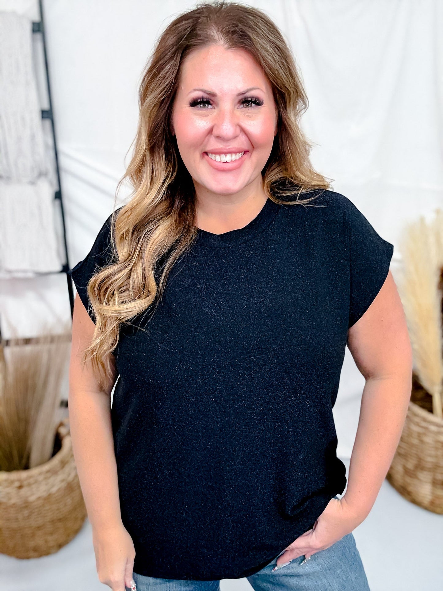 Shimmery Black Round Neck Top With Cap Sleeves - Whiskey Skies - SEW IN LOVE