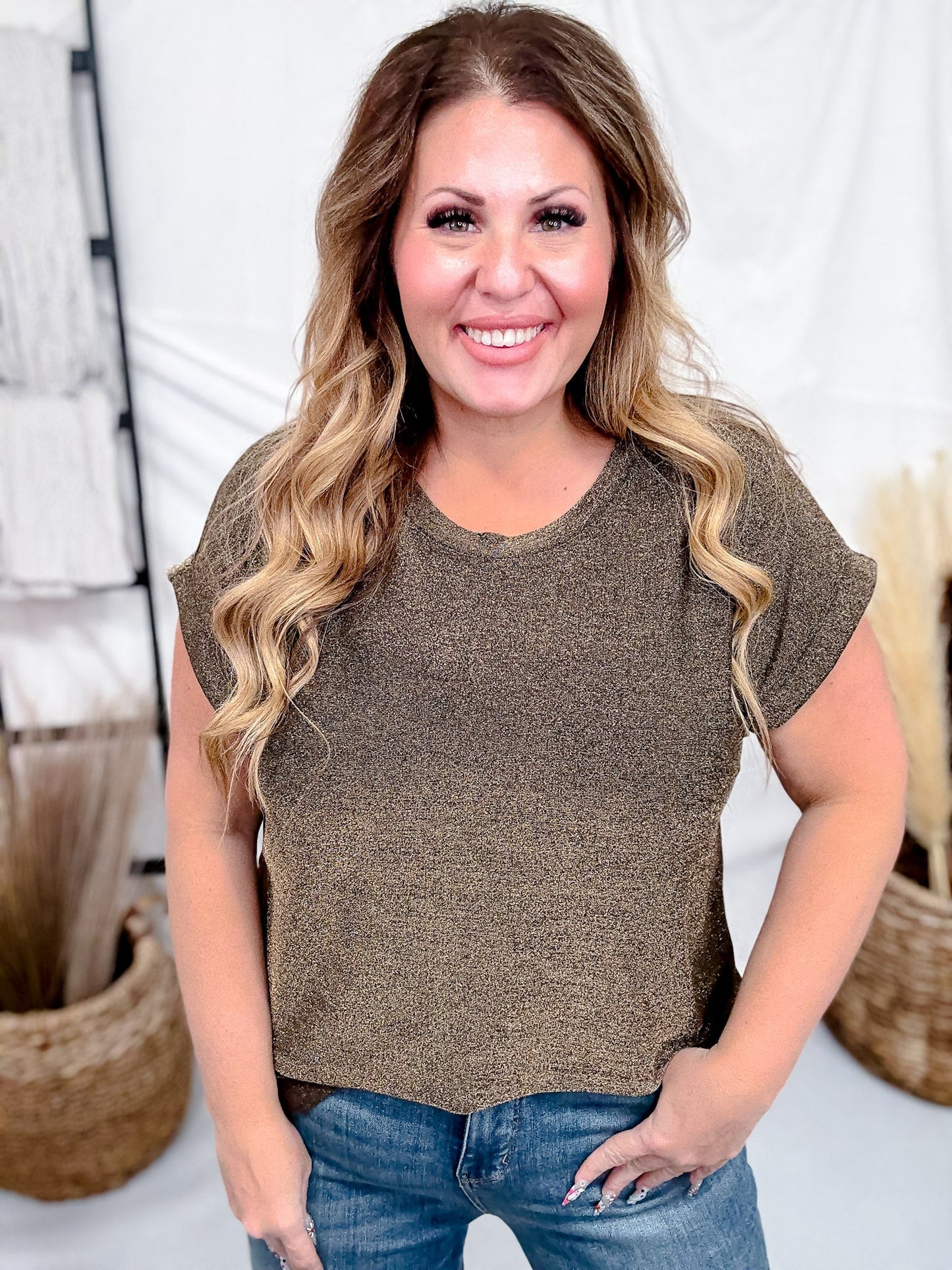 Shimmery Bronze Top With Cap Sleeves & Round Neckline - Whiskey Skies - SEW IN LOVE