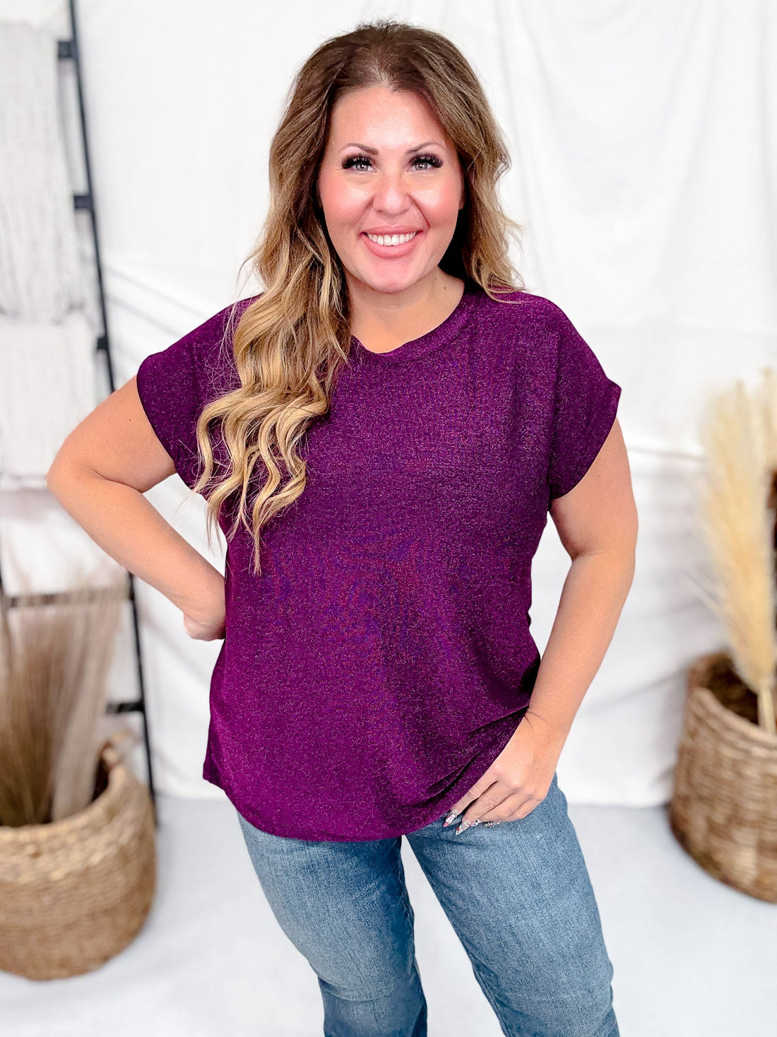 Shimmery Purple Cap Sleeve Top With Round Neckline - Whiskey Skies - SEW IN LOVE