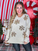 Shimmery Sand Sweater With Gold Sequin Snowflakes - Whiskey Skies - WHITE BIRCH