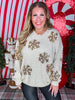 Shimmery Sand Sweater With Gold Sequin Snowflakes - Whiskey Skies - WHITE BIRCH