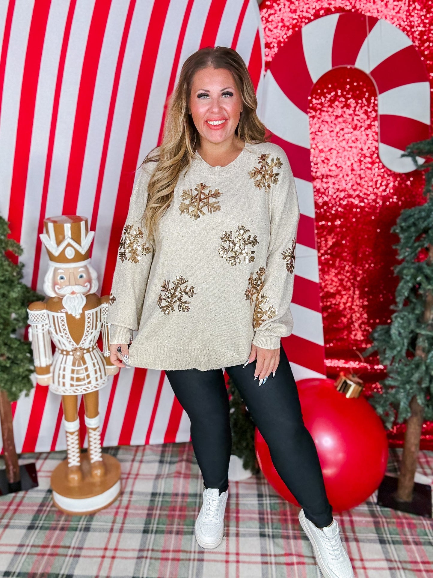 Shimmery Sand Sweater With Gold Sequin Snowflakes - Whiskey Skies - WHITE BIRCH