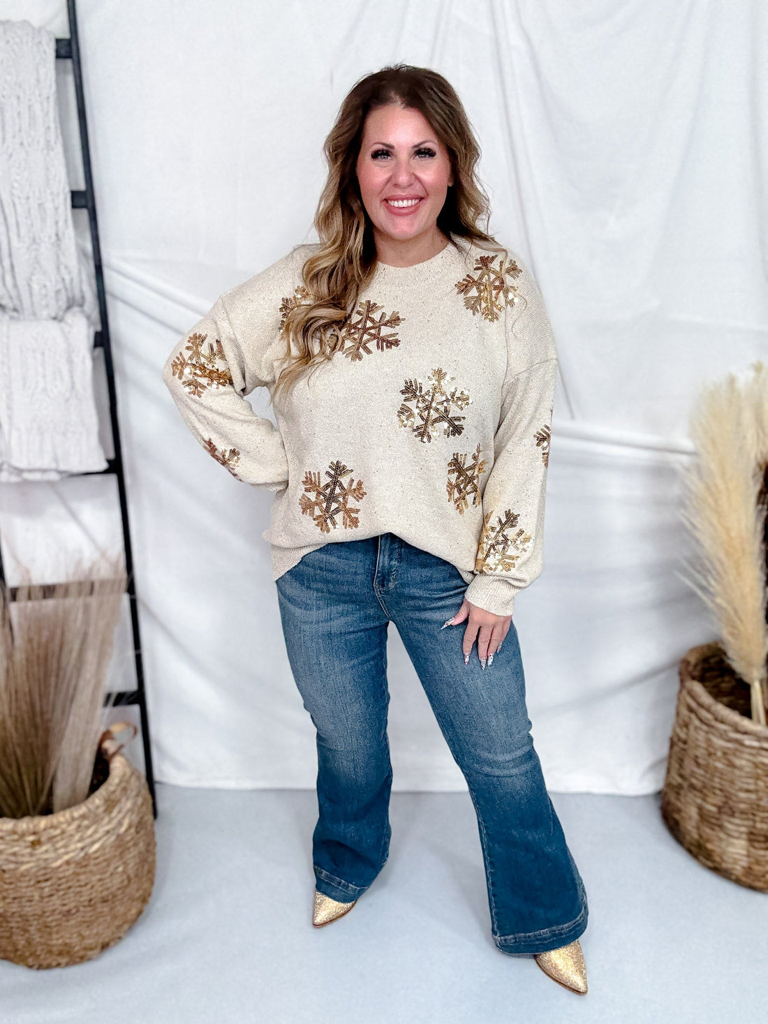 Shimmery Sand Sweater With Gold Sequin Snowflakes - Whiskey Skies - WHITE BIRCH