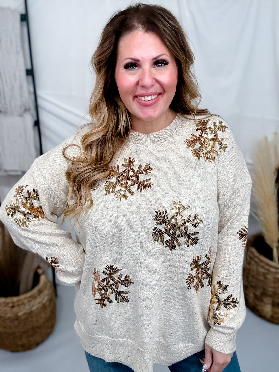 Shimmery Sand Sweater With Gold Sequin Snowflakes - Whiskey Skies - WHITE BIRCH
