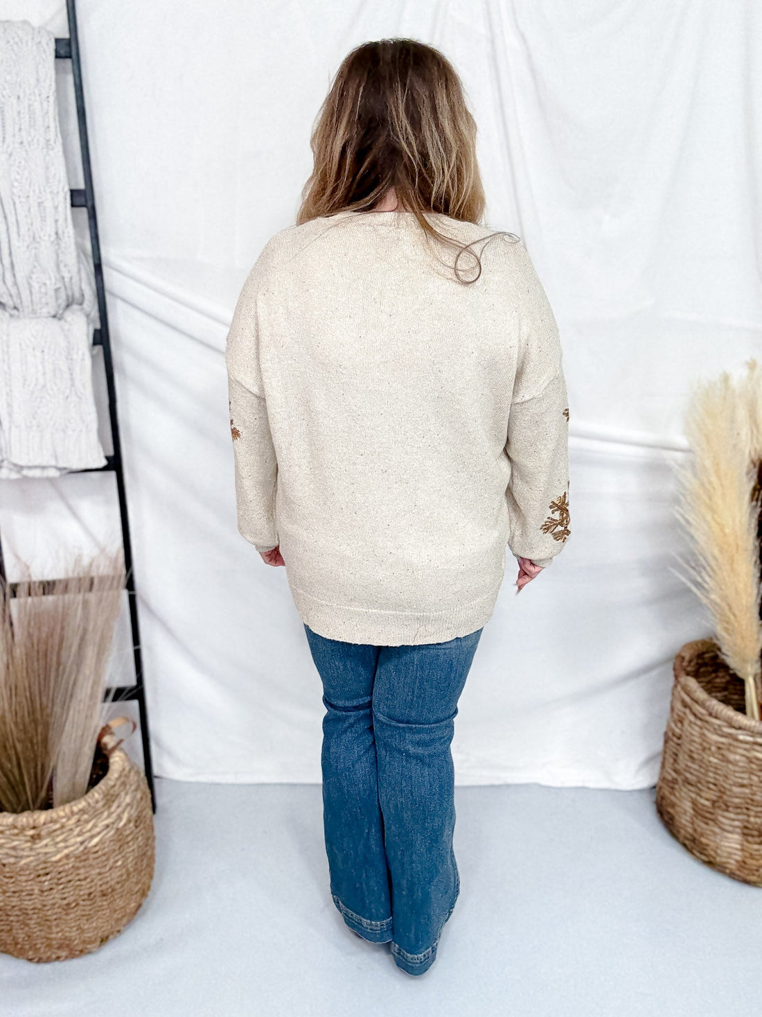 Shimmery Sand Sweater With Gold Sequin Snowflakes - Whiskey Skies - WHITE BIRCH