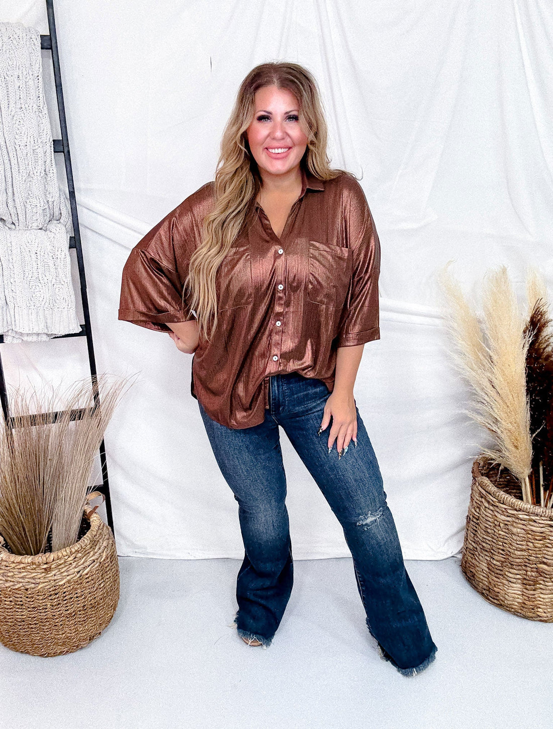 Shimmery Sparkling Button Front Top In Cocoa - Whiskey Skies - DAVI & DANI