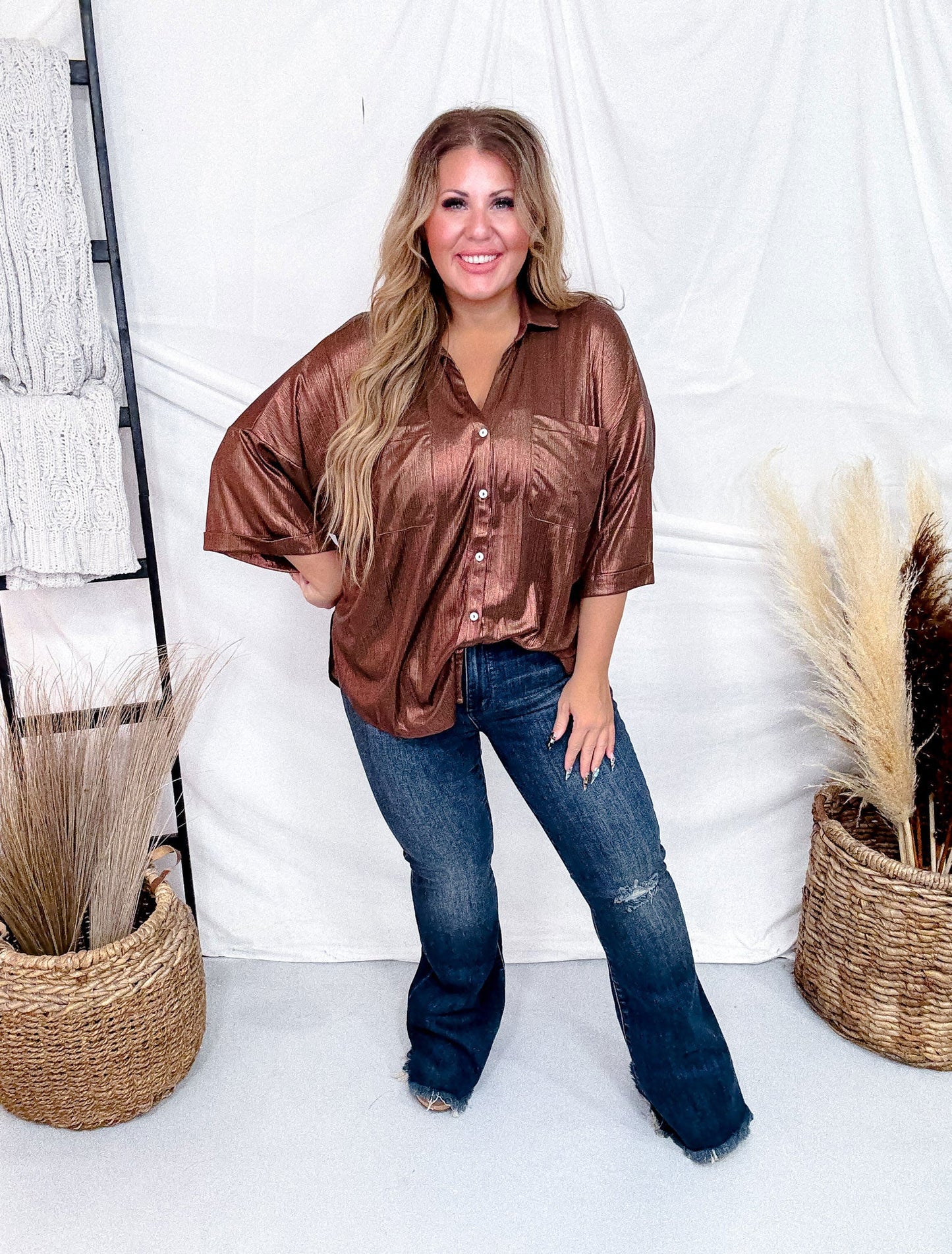 Shimmery Sparkling Button Front Top In Cocoa - Whiskey Skies - DAVI & DANI