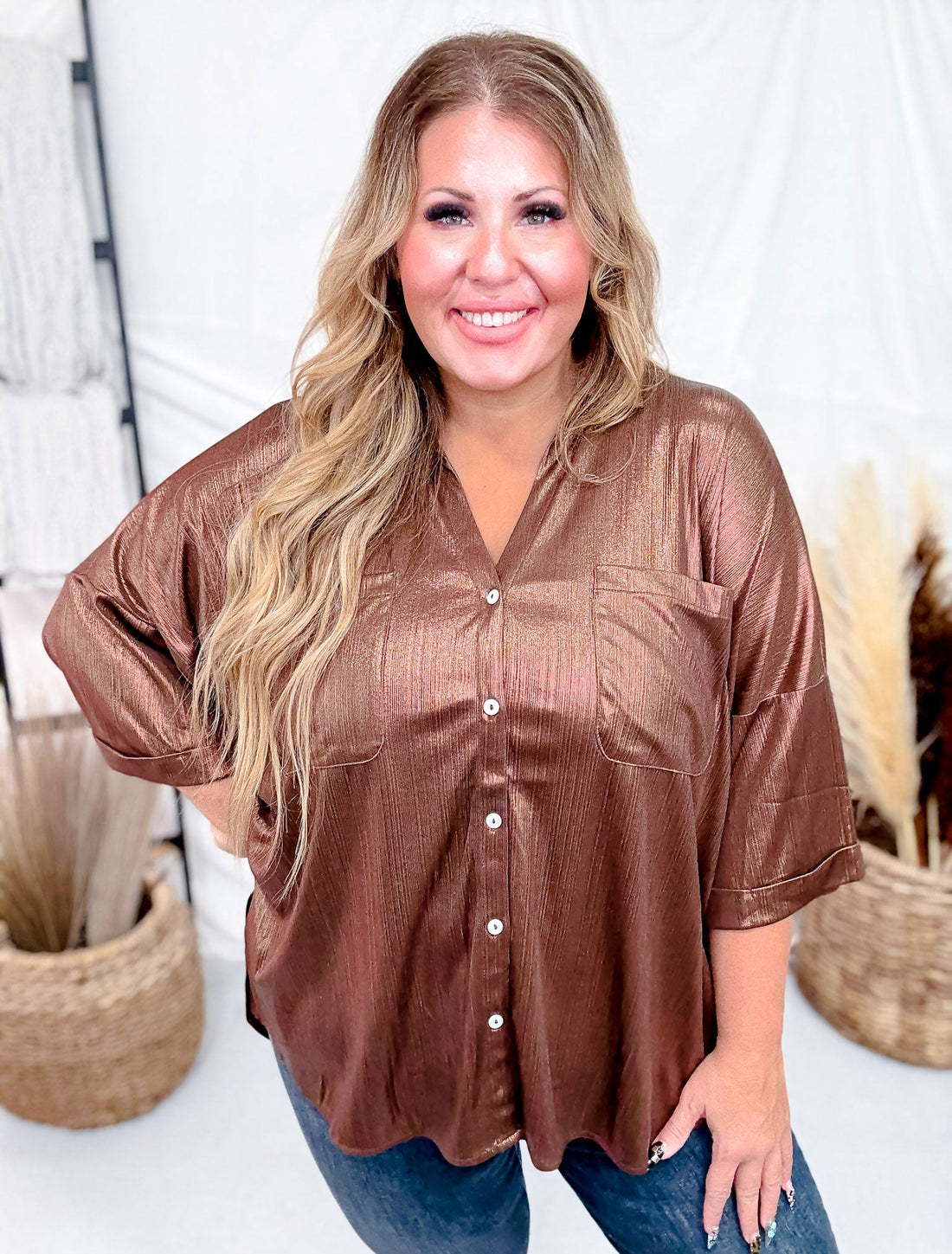 Shimmery Sparkling Button Front Top In Cocoa - Whiskey Skies - DAVI & DANI