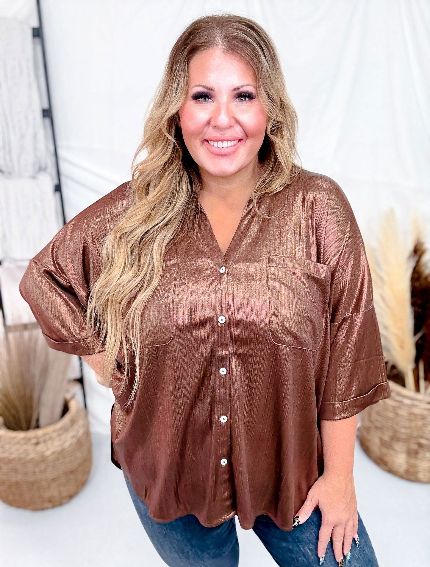 Shimmery Sparkling Button Front Top In Cocoa - Whiskey Skies - DAVI & DANI