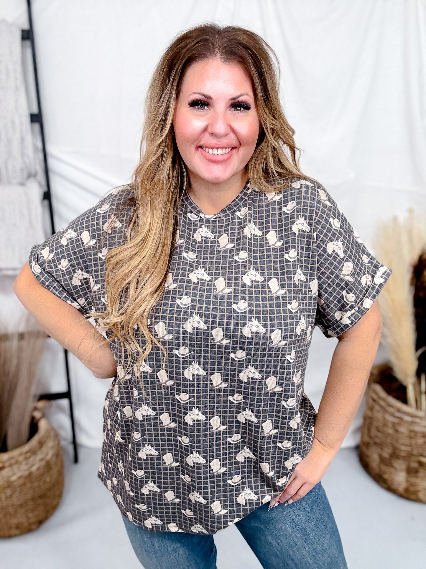 Short Cuffed Sleeve Boots, Hats, & Horses Tunic Top - Whiskey Skies - 2 FLY CO.