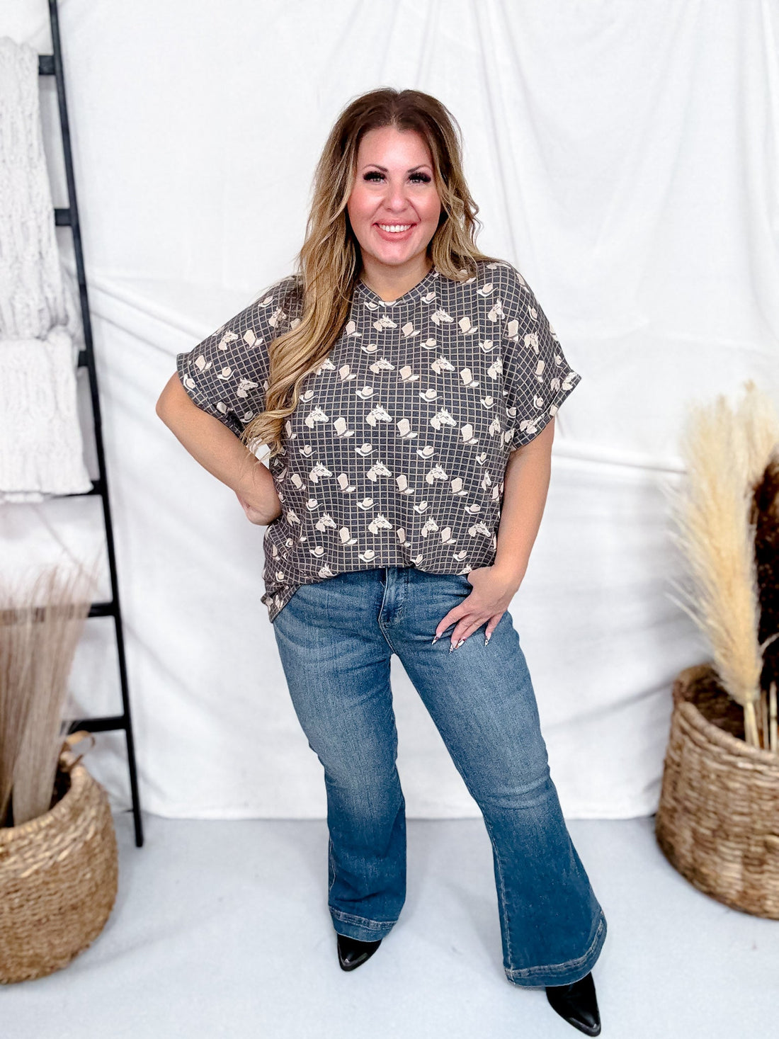 Short Cuffed Sleeve Boots, Hats, & Horses Tunic Top - Whiskey Skies - 2 FLY CO.