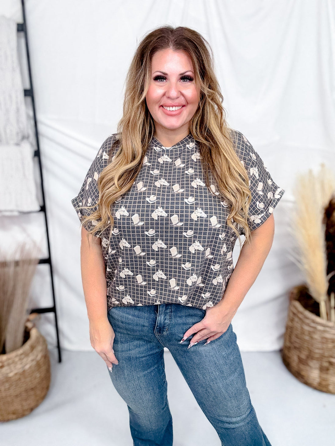 Short Cuffed Sleeve Boots, Hats, & Horses Tunic Top - Whiskey Skies - 2 FLY CO.