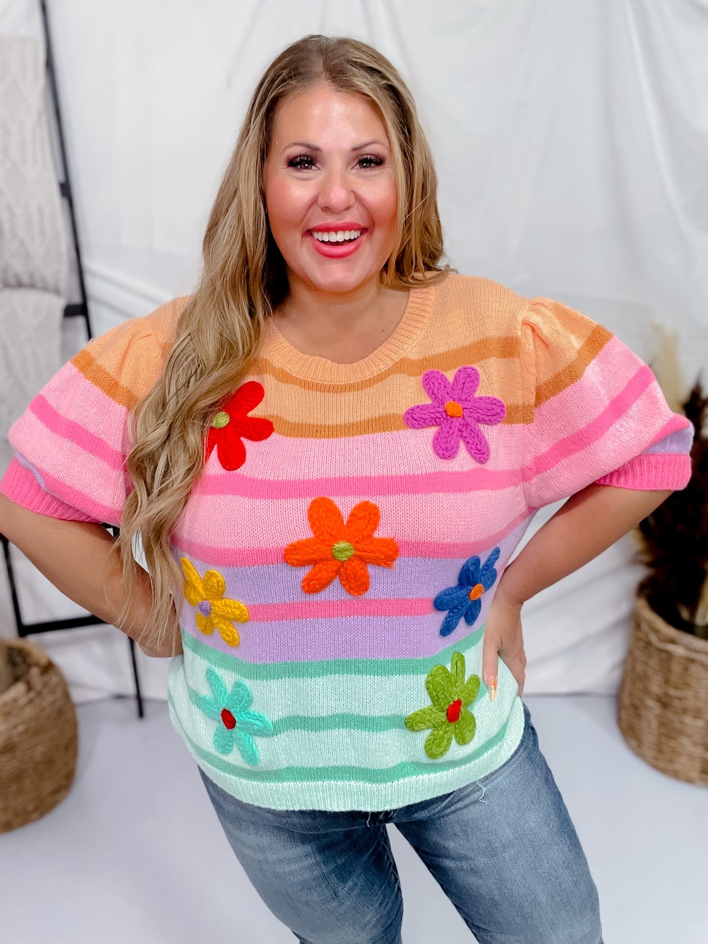 Short Puff Sleeve Flower Patch Striped Sweater - Whiskey Skies - BIBI