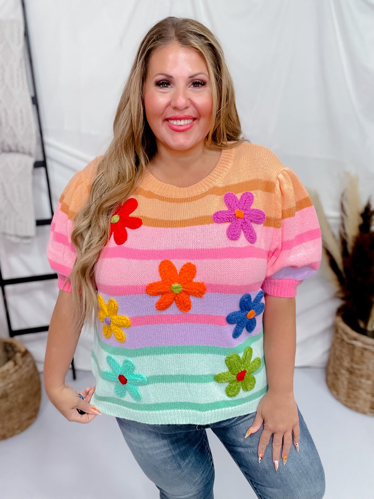 Short Puff Sleeve Flower Patch Striped Sweater - Whiskey Skies - BIBI