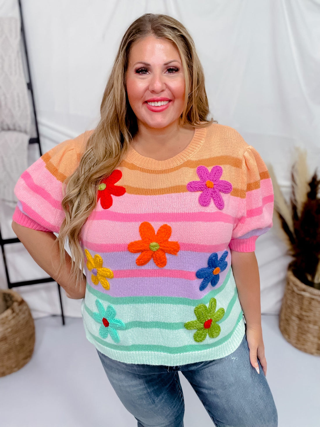 Short Puff Sleeve Flower Patch Striped Sweater - Whiskey Skies - BIBI