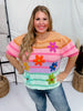 Short Puff Sleeve Flower Patch Striped Sweater - Whiskey Skies - BIBI