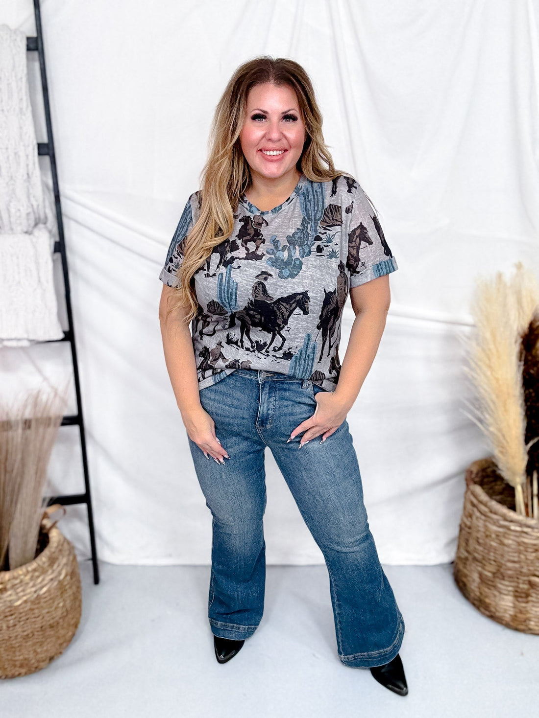 Short Rolled Sleeve Western Print Tunic Top - Whiskey Skies - 2 FLY CO.