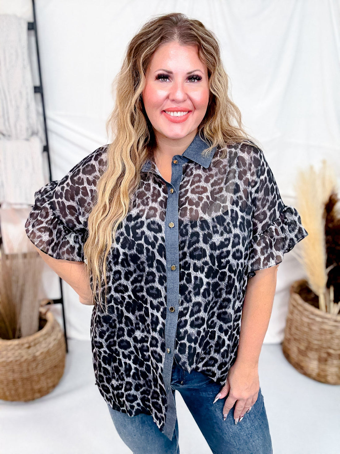 Short Ruffle Sleeve Leopard Chiffon Top - Whiskey Skies - SEW IN LOVE
