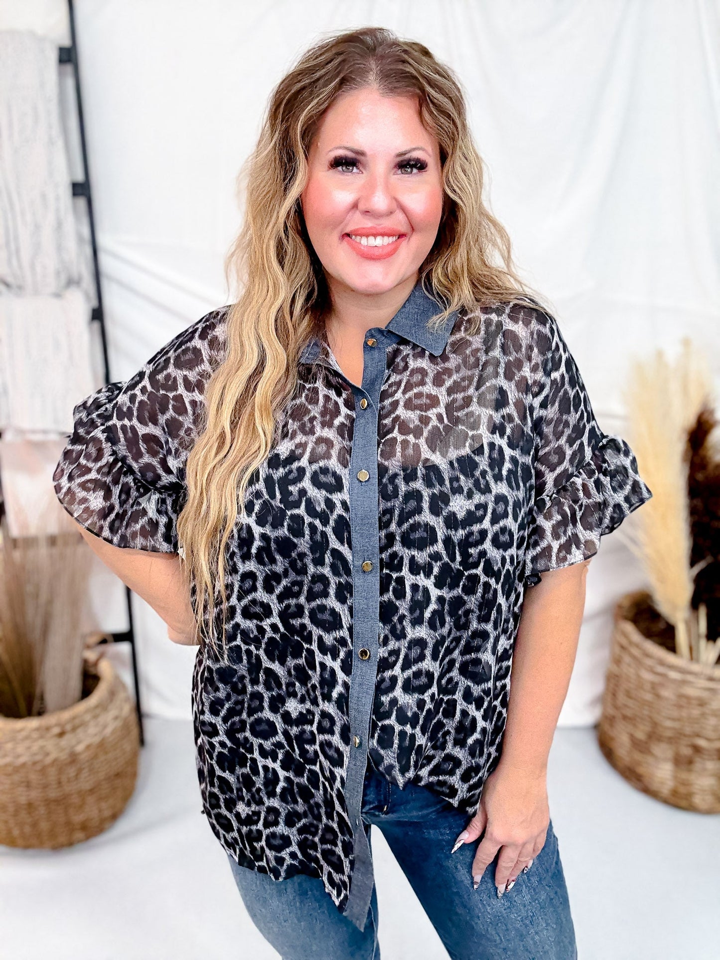 Short Ruffle Sleeve Leopard Chiffon Top - Whiskey Skies - SEW IN LOVE