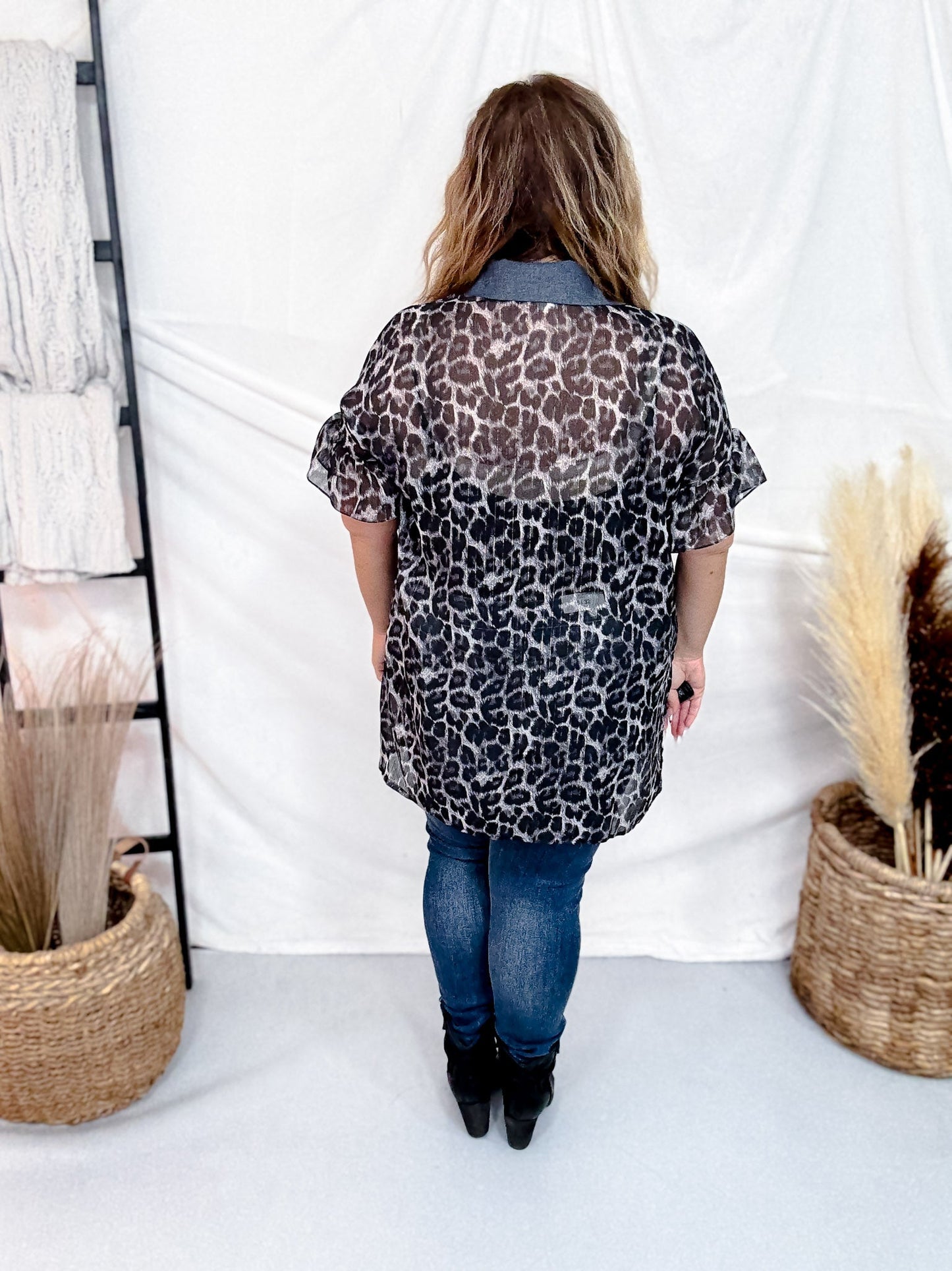 Short Ruffle Sleeve Leopard Chiffon Top - Whiskey Skies - SEW IN LOVE