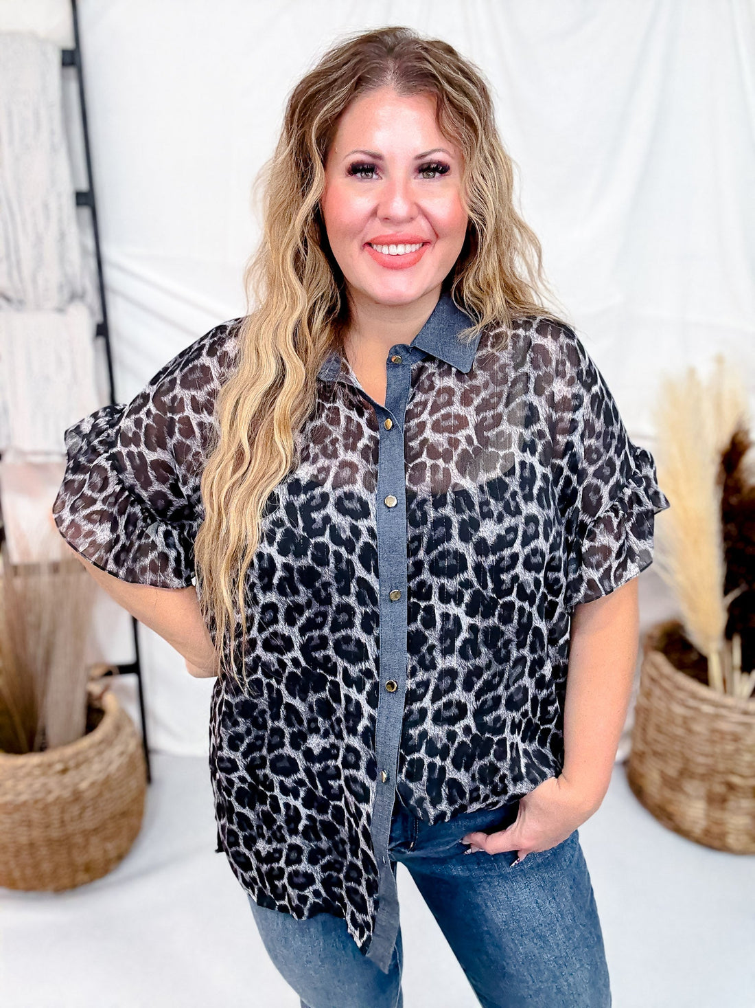 Short Ruffle Sleeve Leopard Chiffon Top - Whiskey Skies - SEW IN LOVE