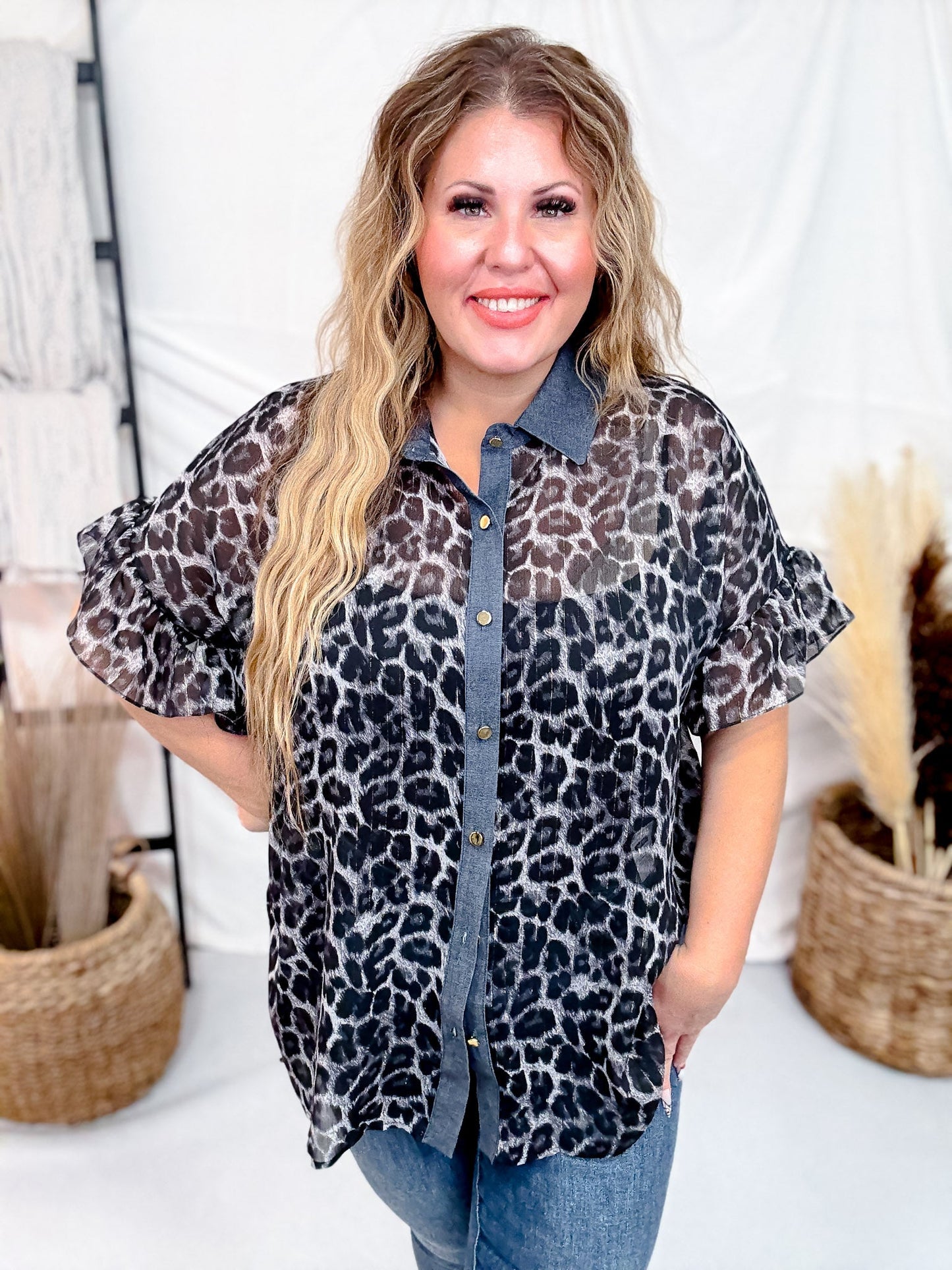 Short Ruffle Sleeve Leopard Chiffon Top - Whiskey Skies - SEW IN LOVE