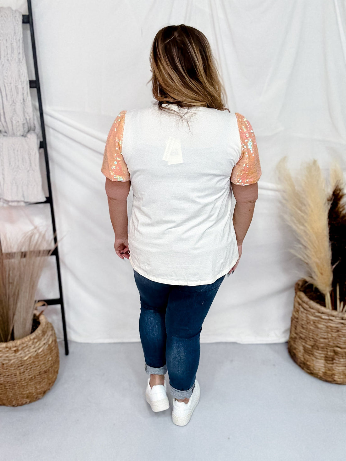 Short Sequin Sleeve Top W/ Sequin Pumpkin Design - Whiskey Skies - SOUTHERN GRACE