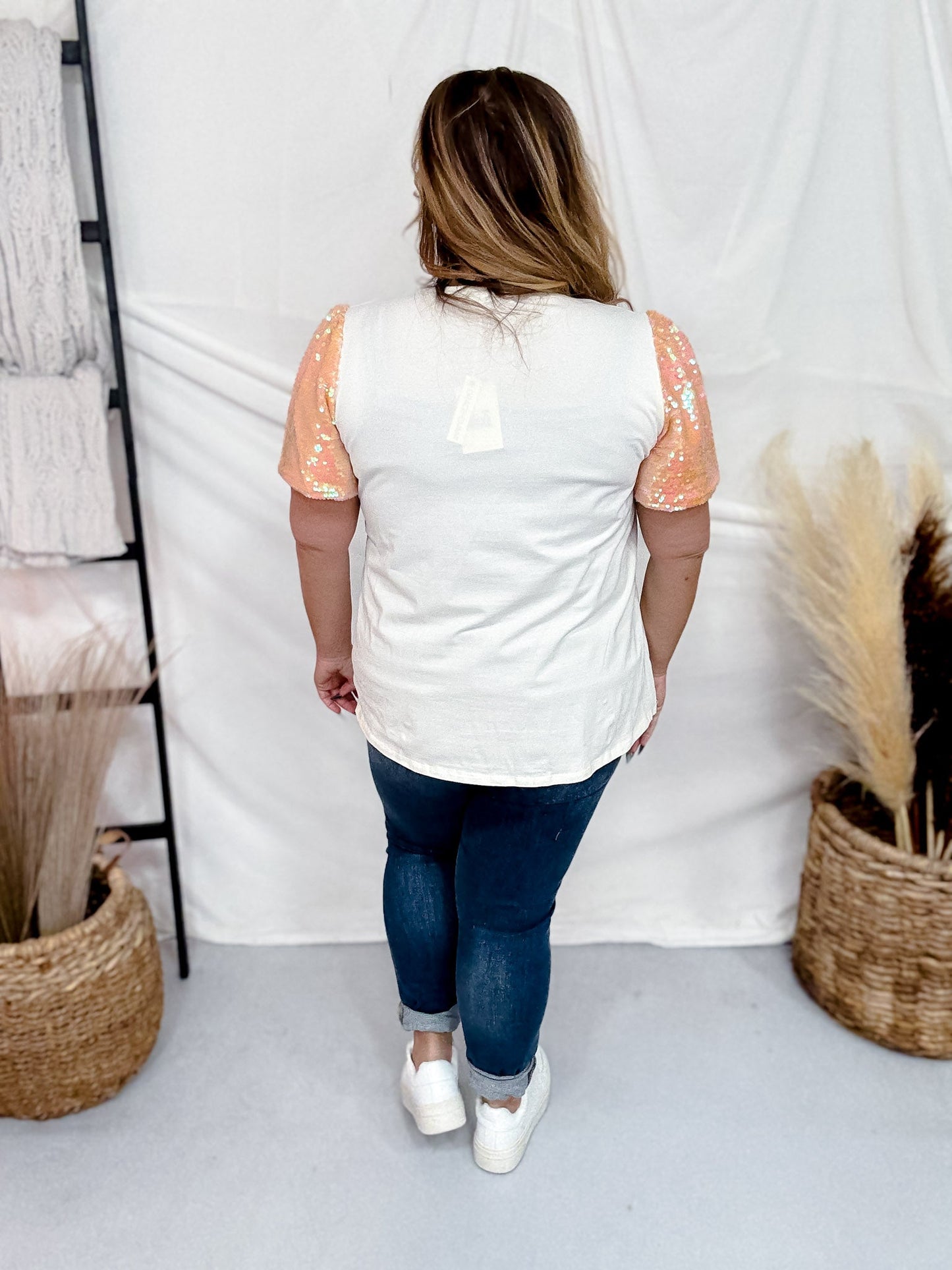 Short Sequin Sleeve Top W/ Sequin Pumpkin Design - Whiskey Skies - SOUTHERN GRACE