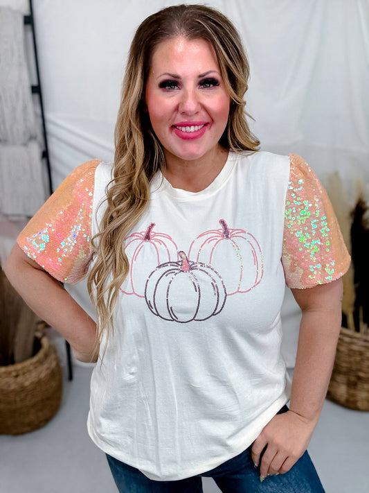 Short Sequin Sleeve Top W/ Sequin Pumpkin Design - Whiskey Skies - SOUTHERN GRACE