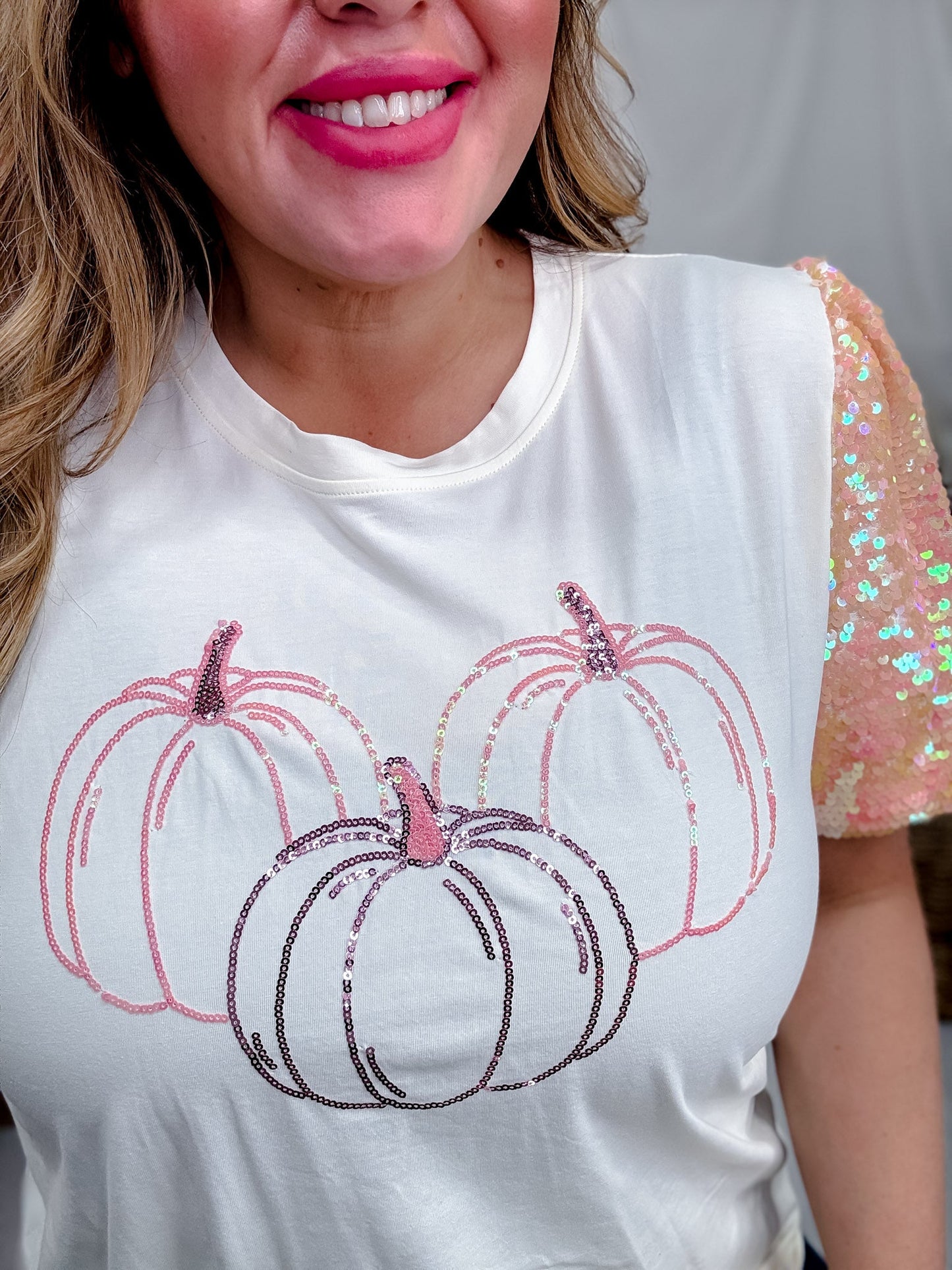 Short Sequin Sleeve Top W/ Sequin Pumpkin Design - Whiskey Skies - SOUTHERN GRACE
