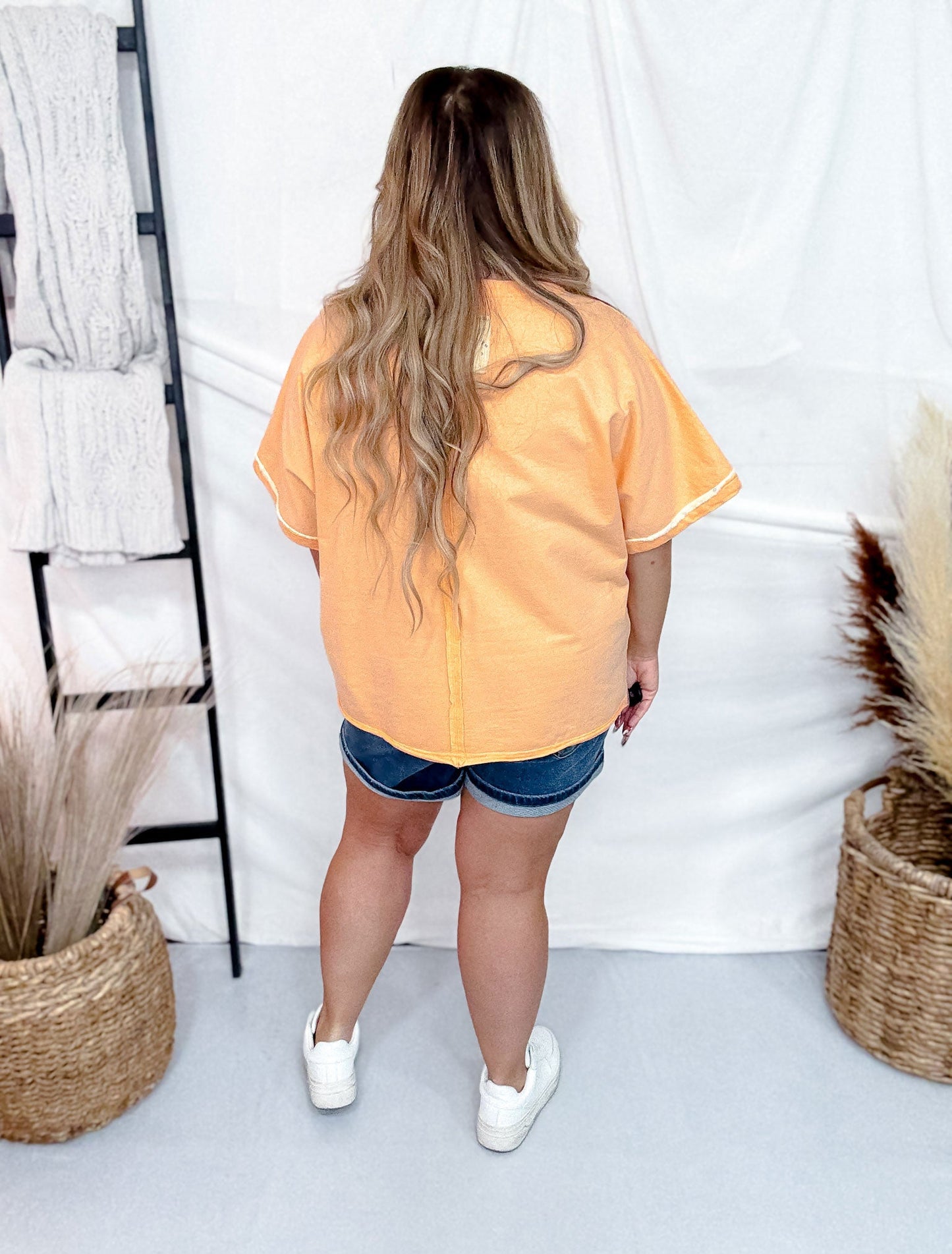 Short Sleeve Apricot Pullover Top with Floral Patchwork - Whiskey Skies - ODDI