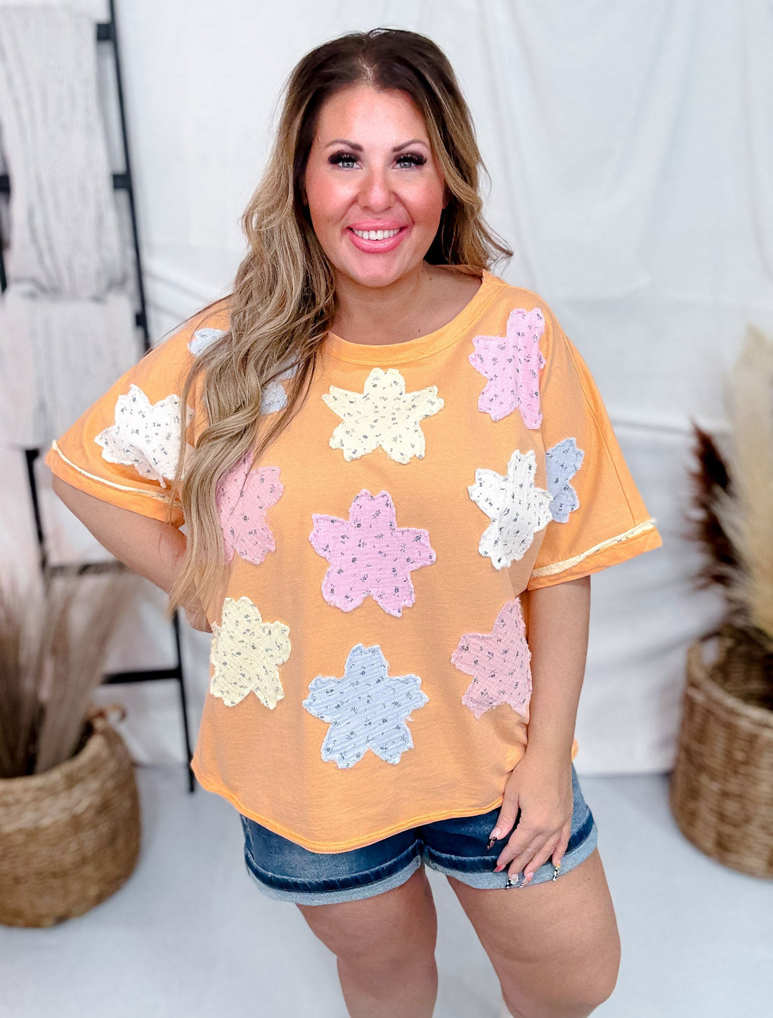 Short Sleeve Apricot Pullover Top with Floral Patchwork - Whiskey Skies - ODDI