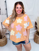 Short Sleeve Apricot Pullover Top with Floral Patchwork - Whiskey Skies - ODDI