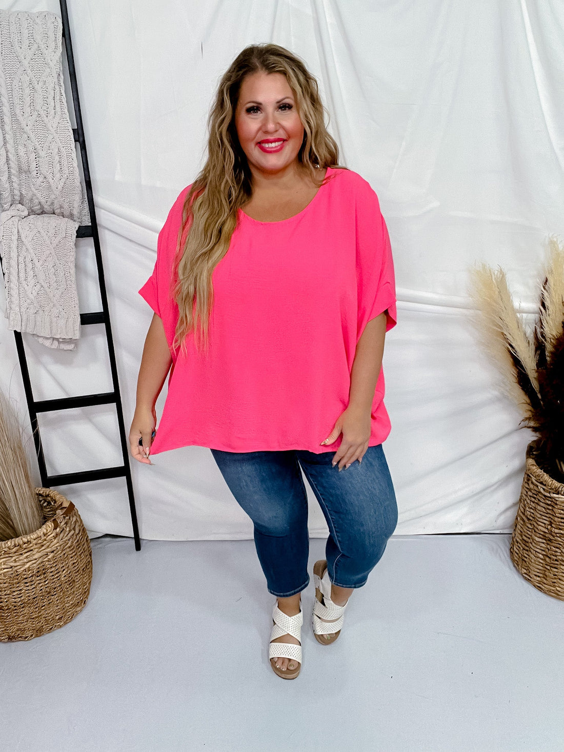 Short Sleeve Barbie Pink Poncho Like Dolman Sleeve Top - Whiskey Skies - ANDREE BY UNIT