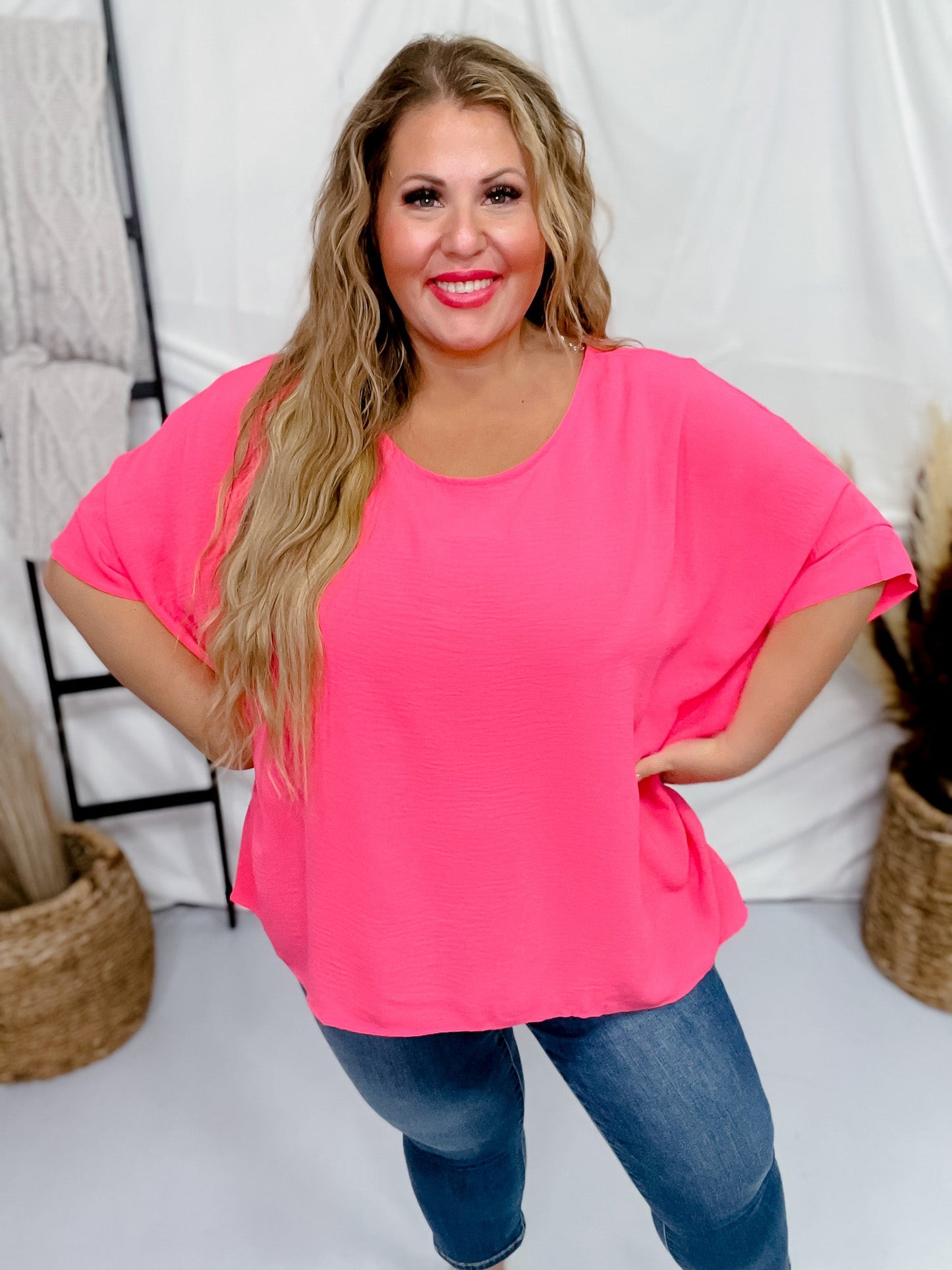 Short Sleeve Barbie Pink Poncho Like Dolman Sleeve Top - Whiskey Skies - ANDREE BY UNIT