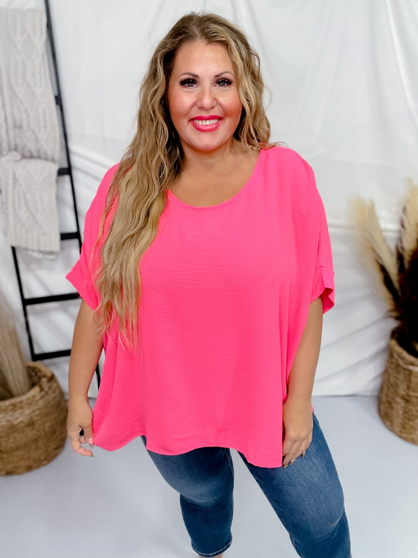 Short Sleeve Barbie Pink Poncho Like Dolman Sleeve Top - Whiskey Skies - ANDREE BY UNIT