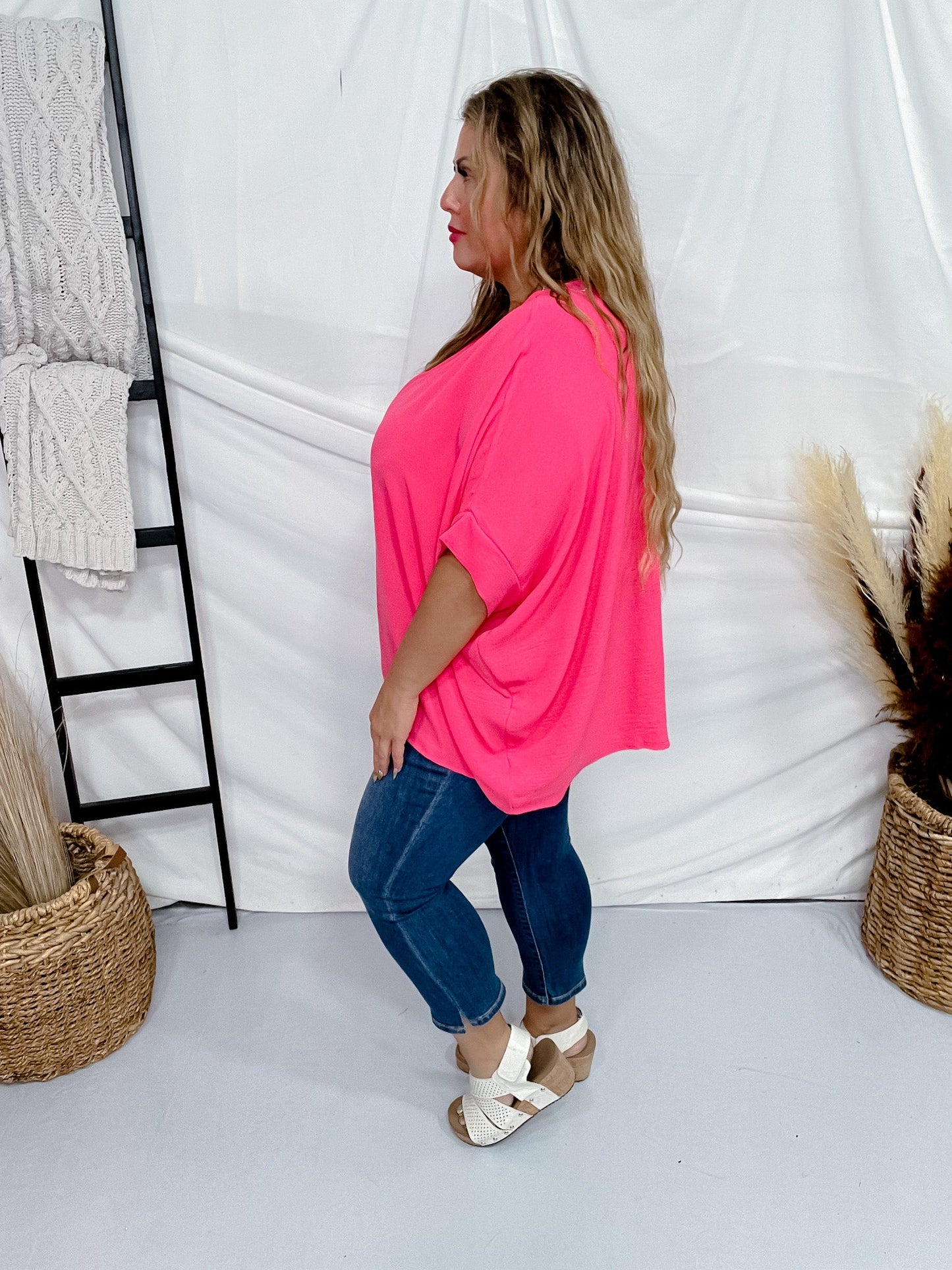 Short Sleeve Barbie Pink Poncho Like Dolman Sleeve Top - Whiskey Skies - ANDREE BY UNIT