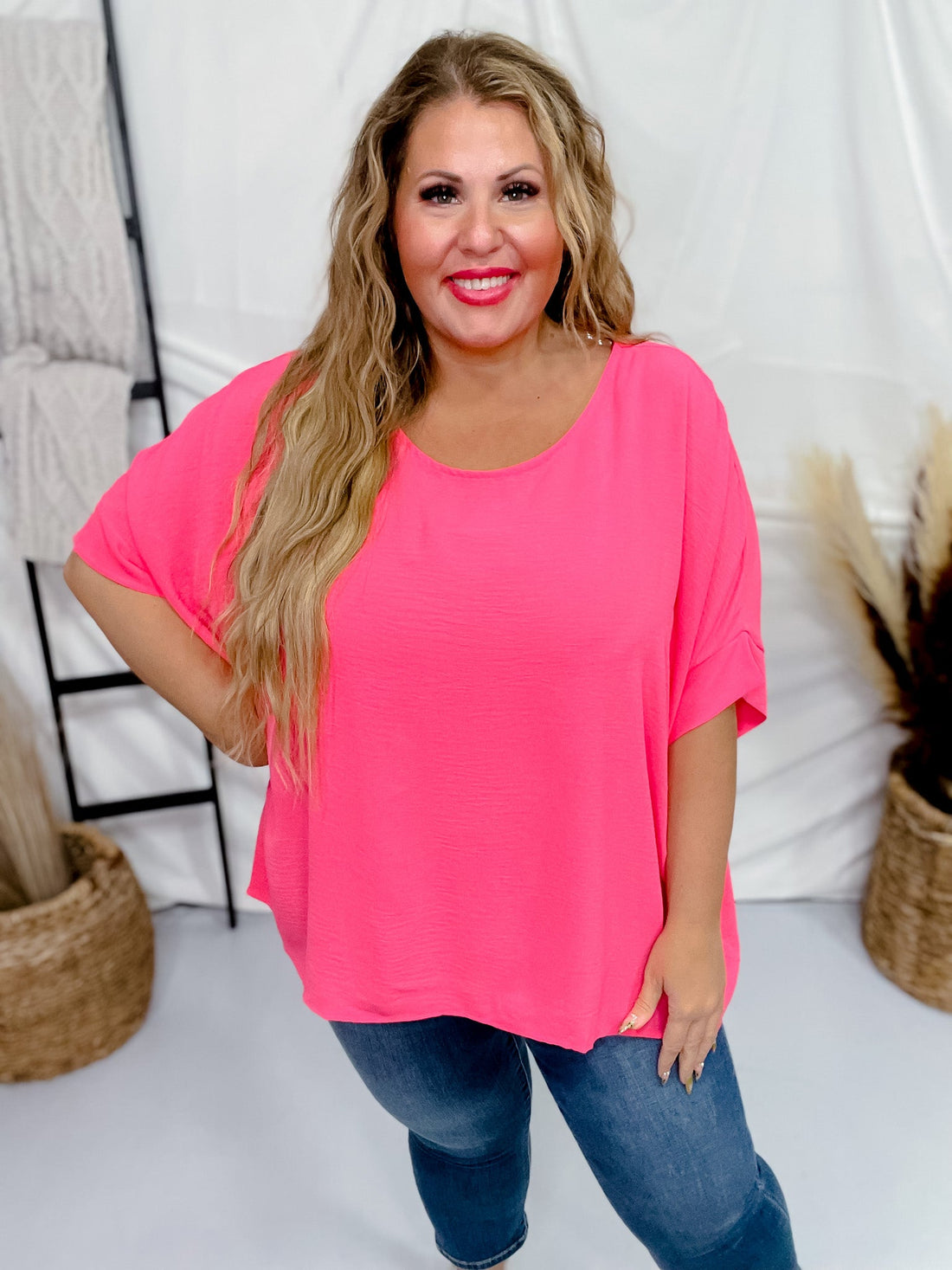 Short Sleeve Barbie Pink Poncho Like Dolman Sleeve Top - Whiskey Skies - ANDREE BY UNIT