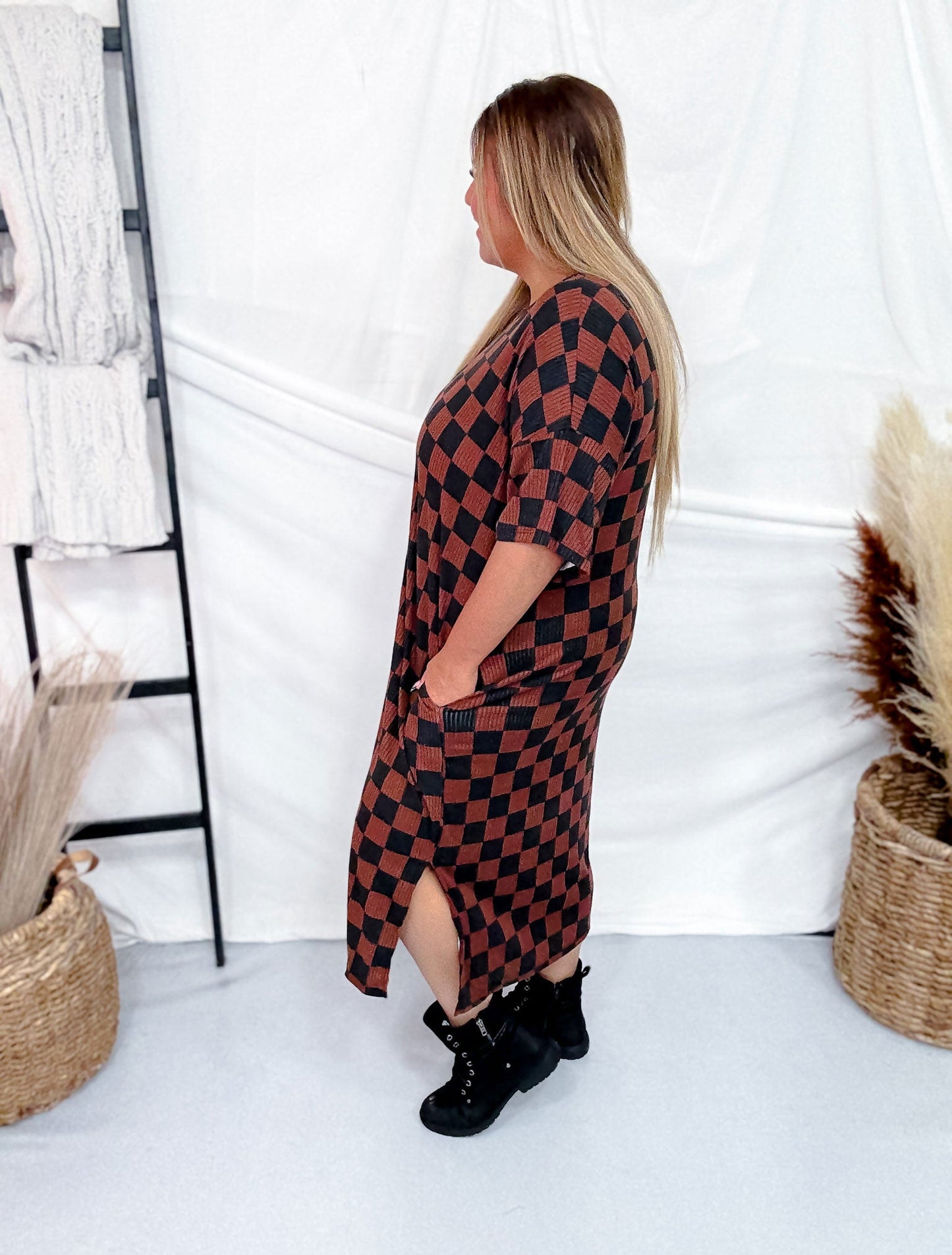 Short Sleeve Black & Mocha Ribbed Checkered Midi Dress - Whiskey Skies - JADE BY JANE