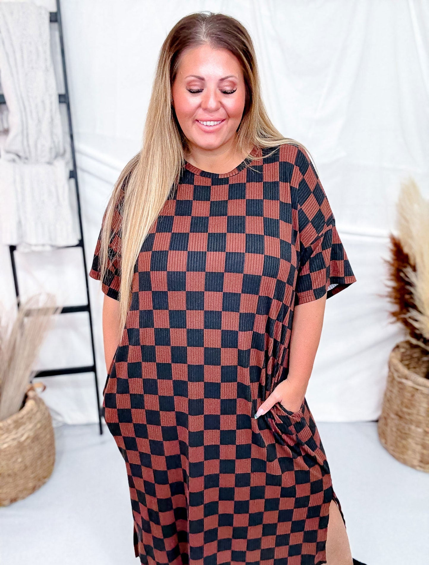 Short Sleeve Black & Mocha Ribbed Checkered Midi Dress - Whiskey Skies - JADE BY JANE