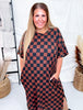Short Sleeve Black & Mocha Ribbed Checkered Midi Dress - Whiskey Skies - JADE BY JANE
