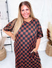 Short Sleeve Black & Mocha Ribbed Checkered Midi Dress - Whiskey Skies - JADE BY JANE