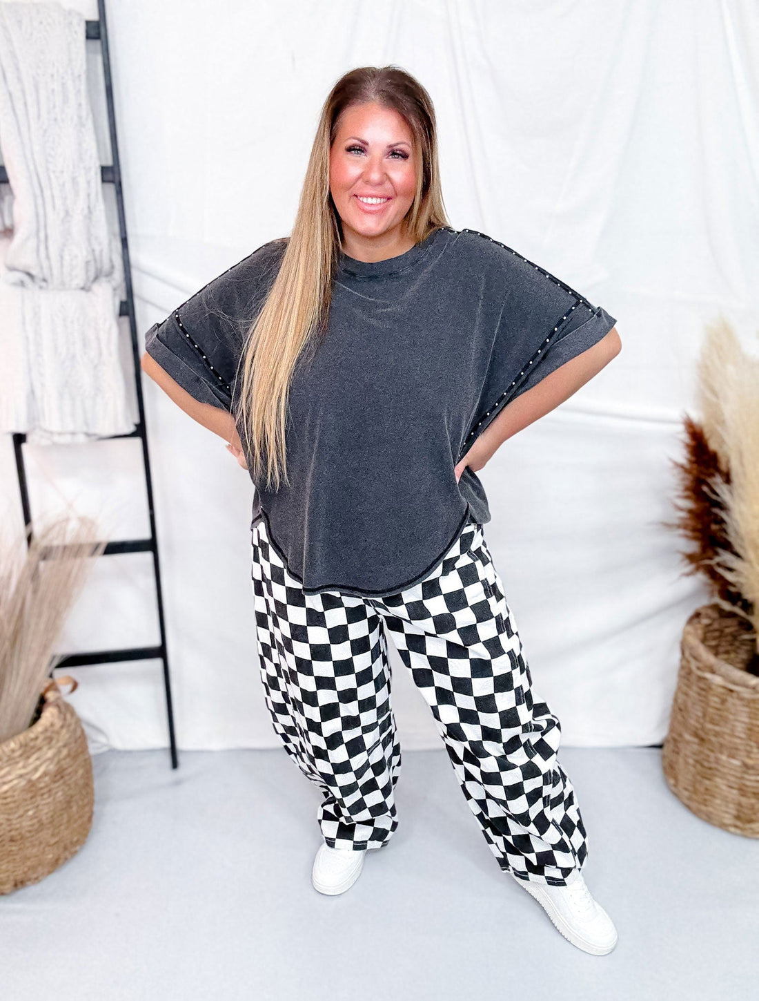 Short Sleeve Black Top W/ Rounded Neckline & Rivet Details - Whiskey Skies - WHITE BIRCH