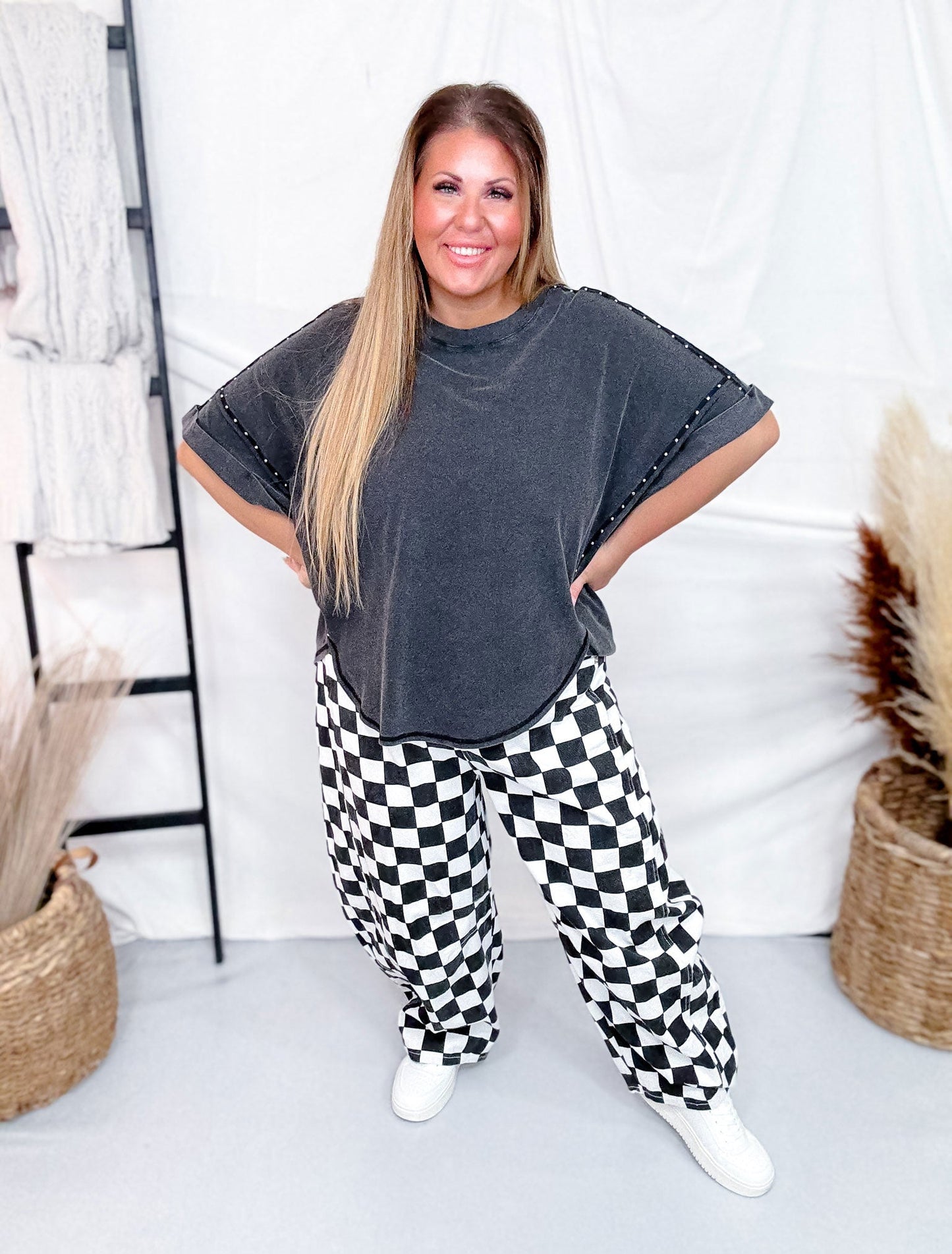 Short Sleeve Black Top W/ Rounded Neckline & Rivet Details - Whiskey Skies - WHITE BIRCH