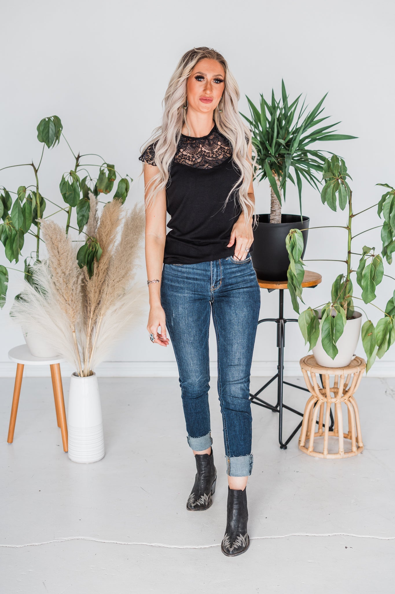 Short Sleeve Black Trim Lace Top - Whiskey Skies - SEW IN LOVE