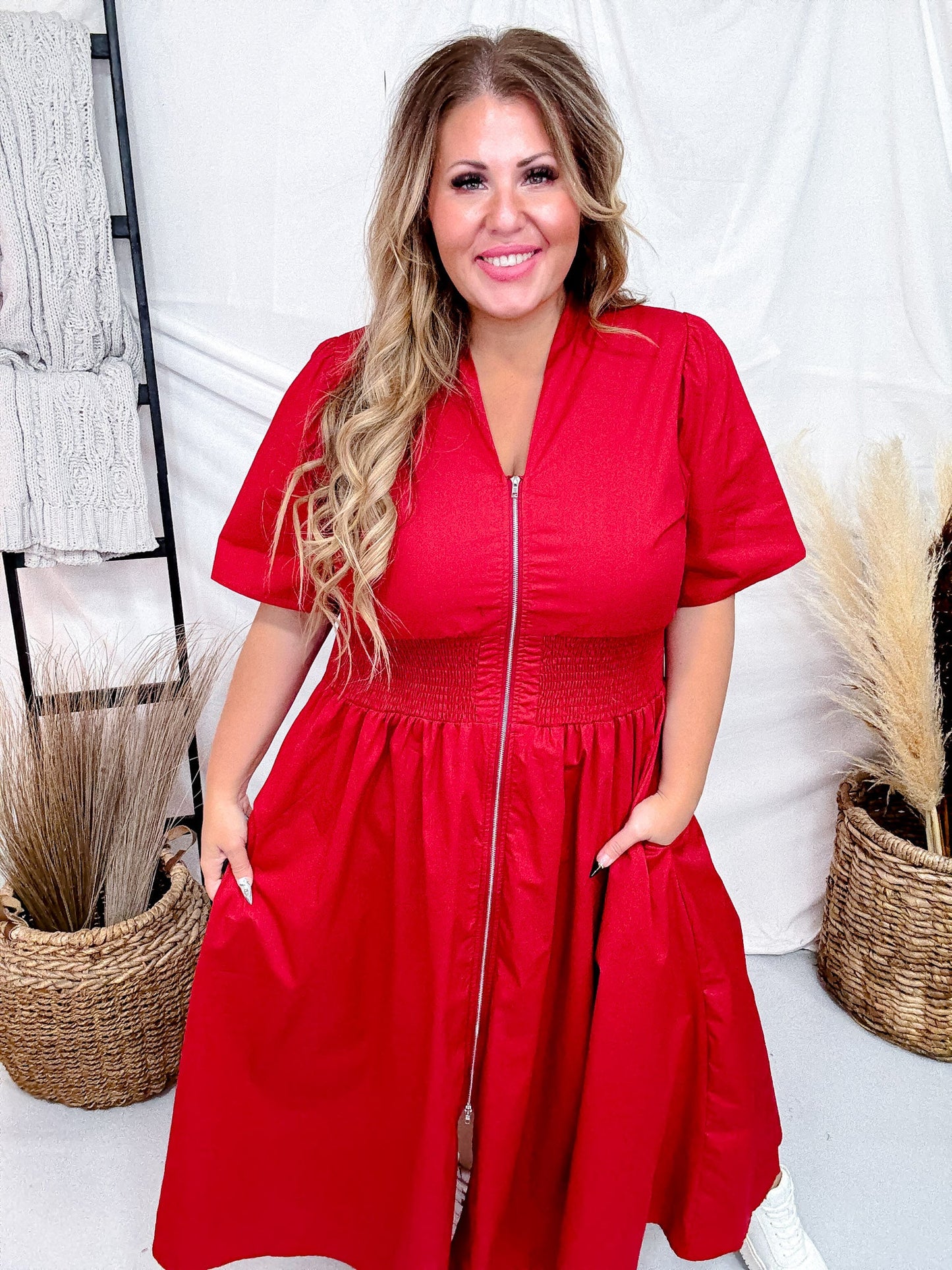 Short Sleeve Brick Red Smocked Waist Midi Dress W/ Pockets - Whiskey Skies - SHE + SKY