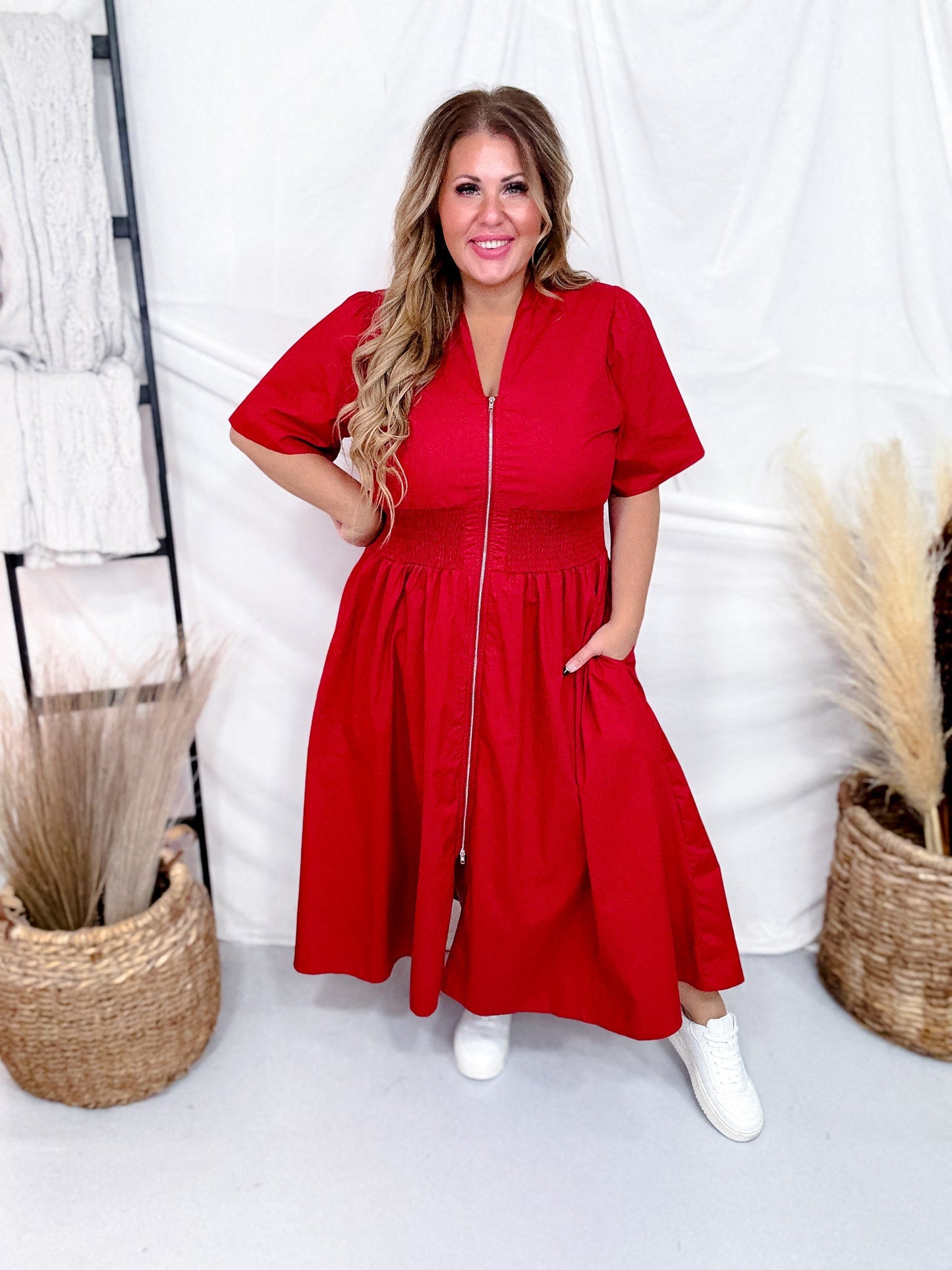 Short Sleeve Brick Red Smocked Waist Midi Dress W/ Pockets - Whiskey Skies - SHE + SKY